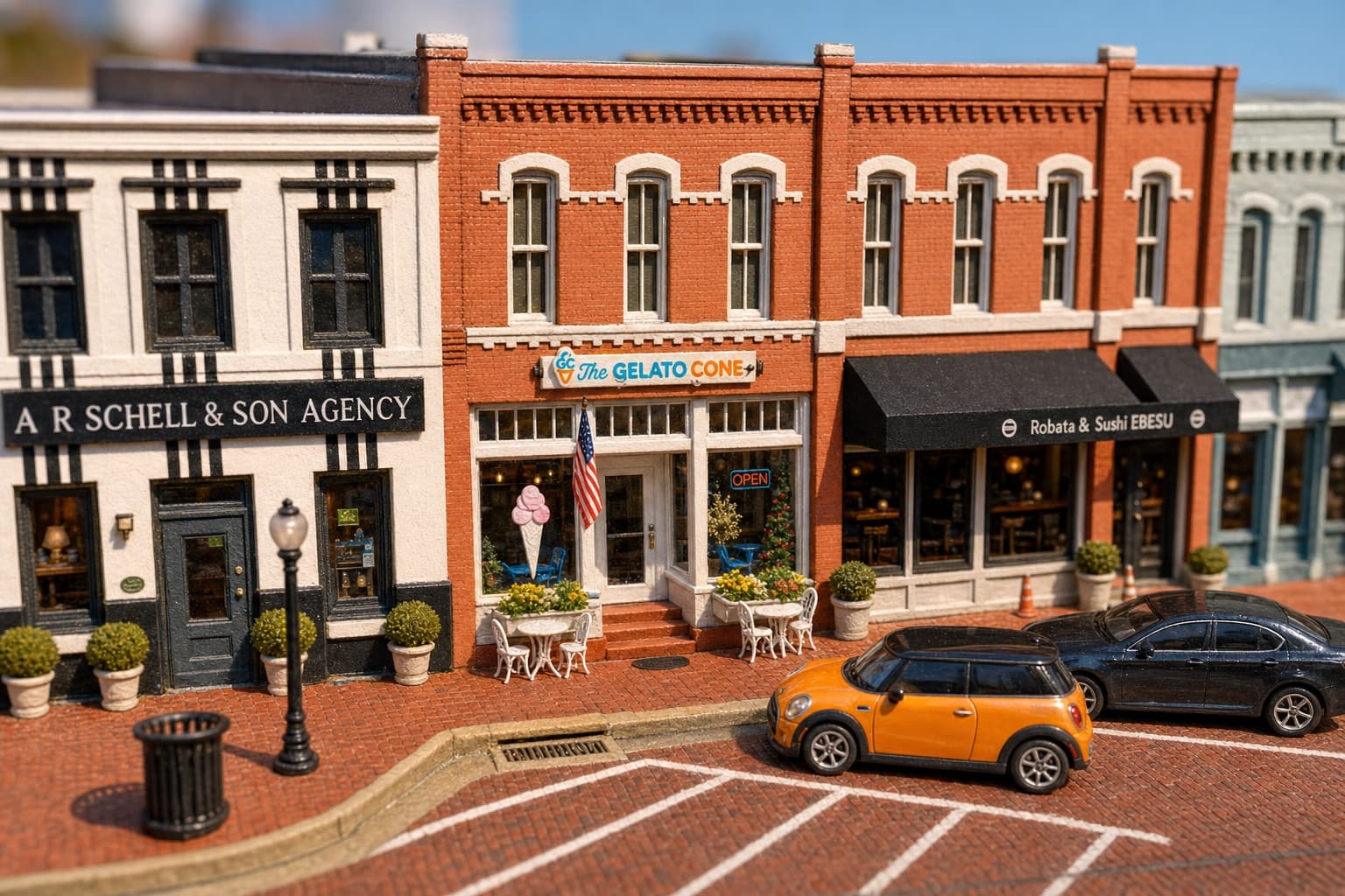 Miniature diorama of The Gelato Cone storefront in Downtown Plano